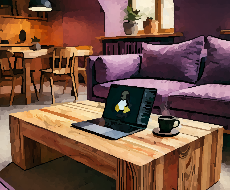 Linux laptop and coffee on pinewood cofee table, surrounded by purple couches. A kitchen table can be seen in the background, along with a window. Two pots sit on the windowsill.